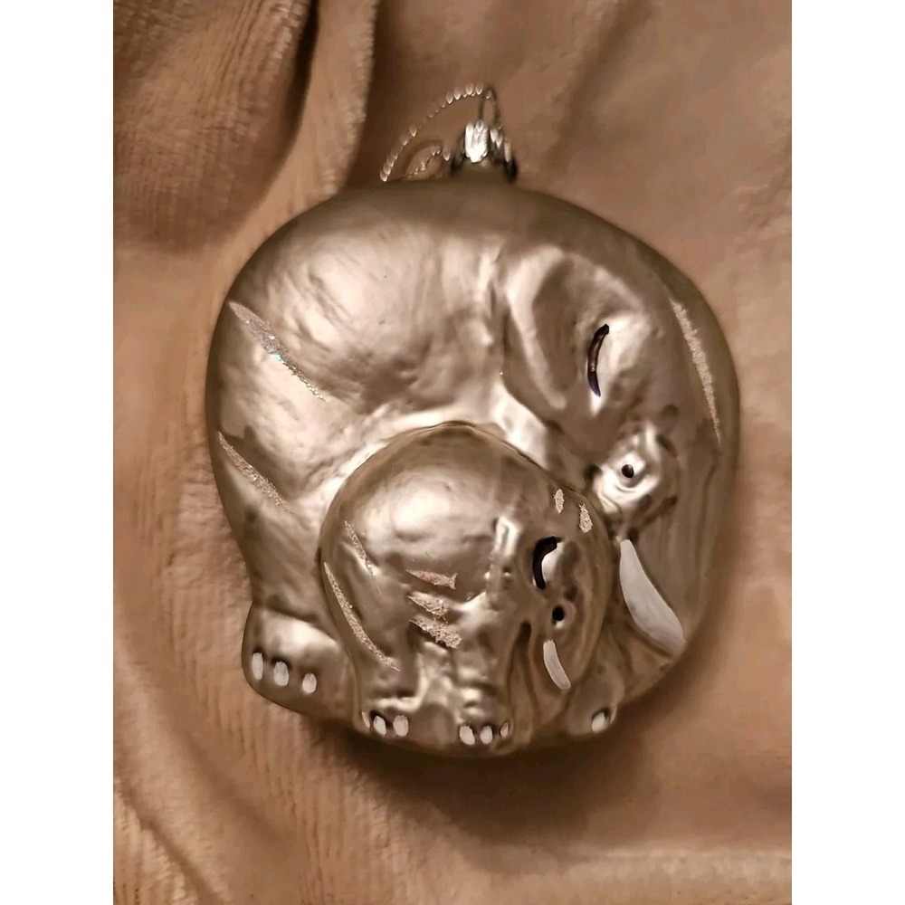 Vintage Silver & Glitter Elephant Mother & Baby Glass Christmas Ornament Germany